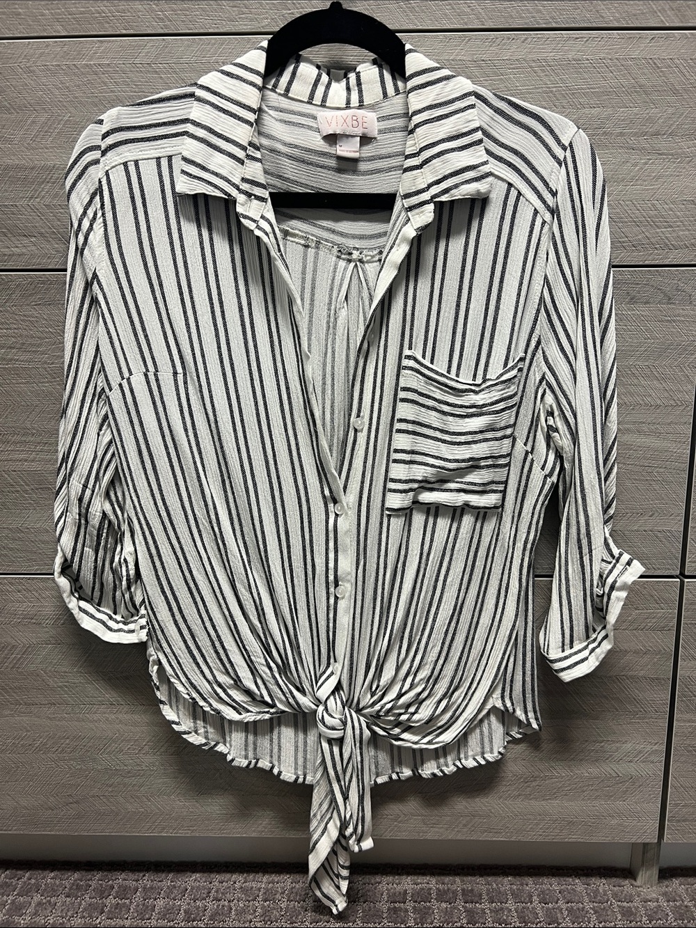 Vixbe Black & White Striped Tie-Front Button Down Shirt
